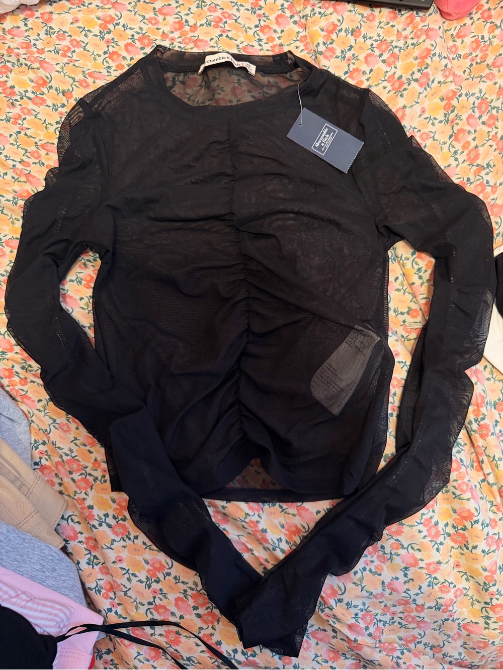 Abercrombie & Fitch Black Sheer Ruched Long-Sleeve Top